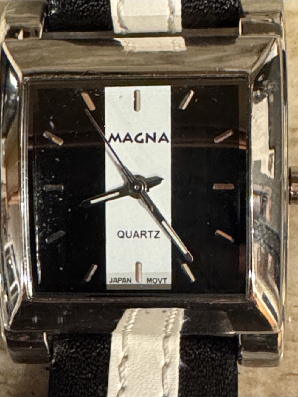 Vintage MAGNA Tank Watch Retro Square Silver Black White Stripe Leather Quartz
